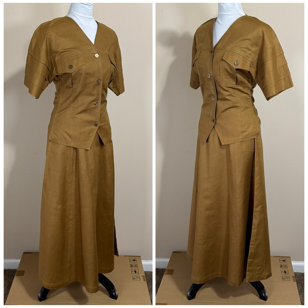 Vintage Apart Camel Brown Linen Maxi Skirt Set Size 4 XS XXS Safari Boho Neutral - Picture 7 of 16